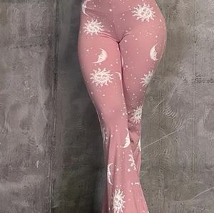 Sun & Moon Print Flare Leg Pants, Y2K High Waist Slim Pants, Women's Clothing